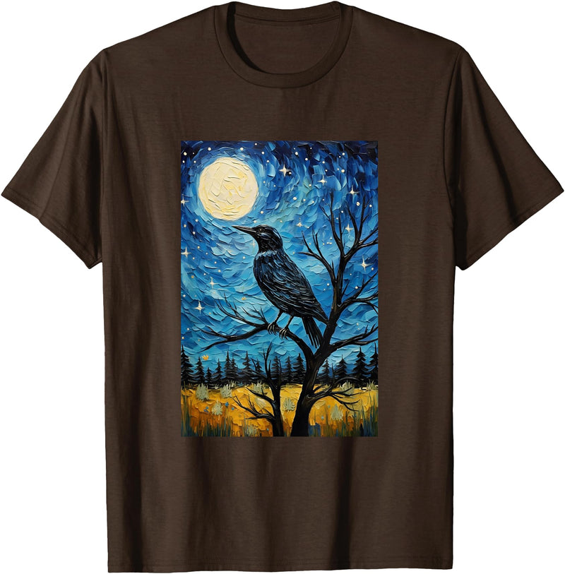 Bird Designs. Magpie Crow Raven Bird Van Gogh Style Starry Night Graphic T-Shirt - Brown