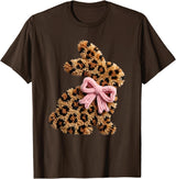 Funny Bunny Leopard Crochet Rabbit Easter Day Coquette Bow T-Shirt in Brown