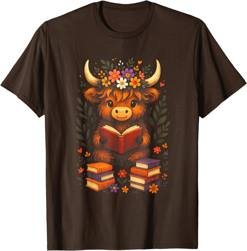 Highland Bookworm Designs Cute Highland Cow Reading - Funny Baby Cow Lover T-Shirt - Brown