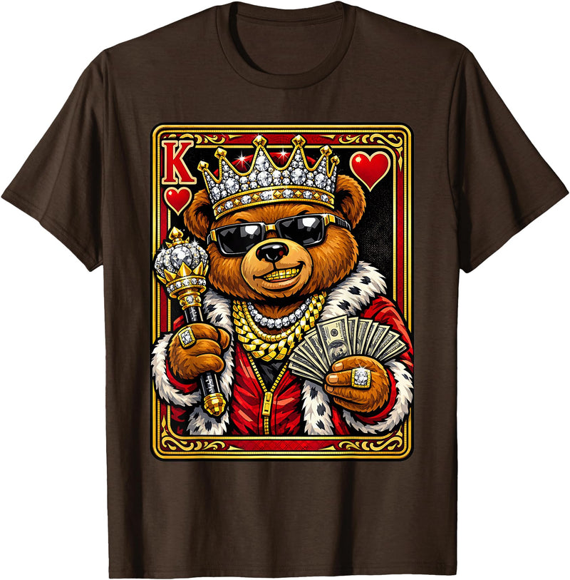 Teddy Bear King and Queen Matching Couples Designs King of Hearts Hip Hop Dripped Out Teddy Bear Hustle Money T-Shirt - Brown