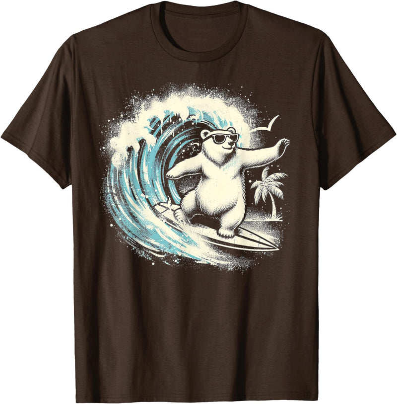 Smooth HQ Polar Bear Riding Surfing Ocean Wave T-Shirt - Brown
