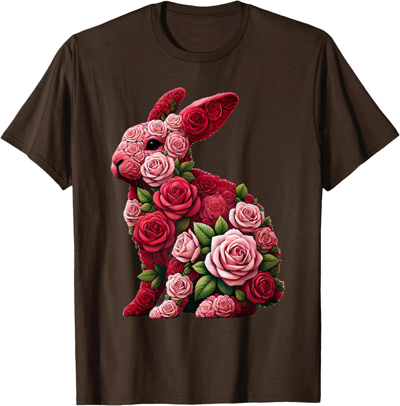Rose Rabbit Bunny Flower Gardening Floral T-Shirt in Brown