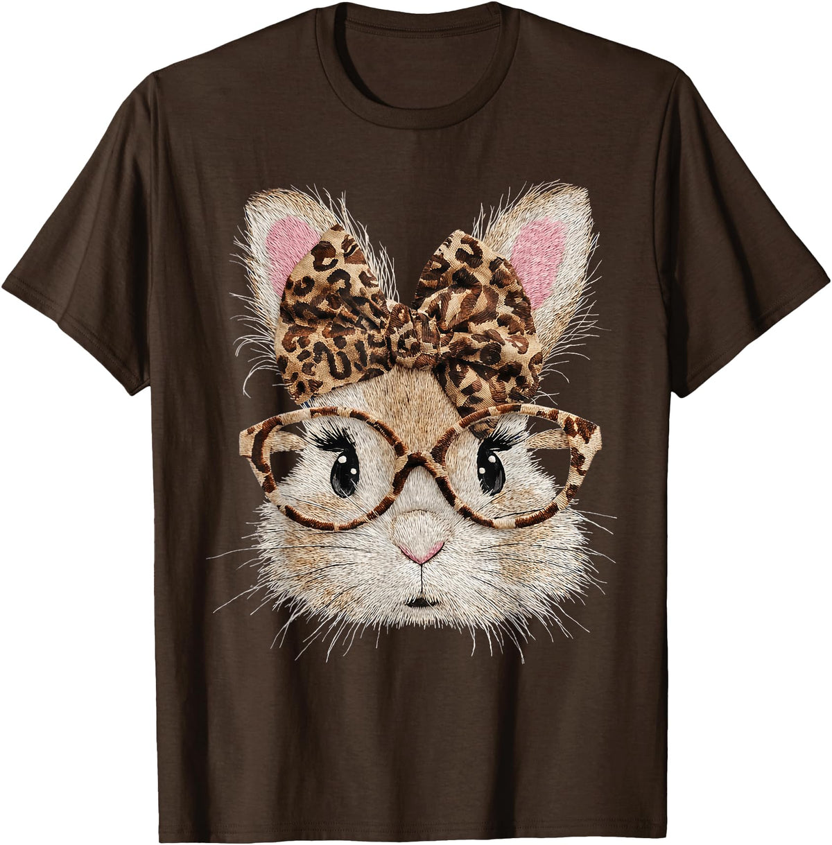 Cute Bunny Rabbit Face Leopard Coquette Bow Glasses Easter T-Shirt in Brown