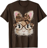 Cute Bunny Rabbit Face Leopard Coquette Bow Glasses Easter T-Shirt in Brown