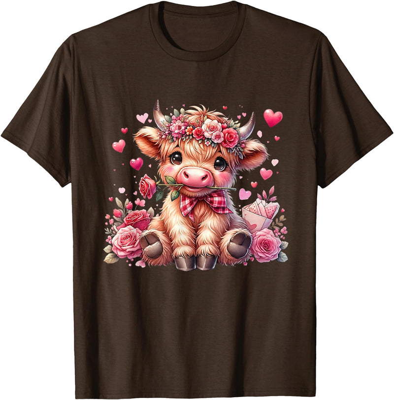 Happy Valentine Highland Cow Costume Love Clothing Valentine Highland Cow Print Cute Love Heart Flowers T-Shirt - Brown