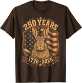 250th Anniversary USA 2026 American Flag Patriotic Rabbit T-Shirt in Brown