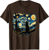 Cat Starry Night Van Gogh Cat T-Shirt for Cat Lovers, Women, Unisex, Black, Small, Short Sleeve, Classic Fit