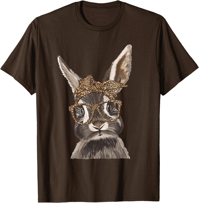 Cute Nerd Easter Bunny Mom Leopard Bandana Rabbit Easter T-Shirt in Brown