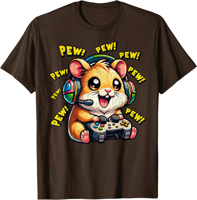 Hamster Gamer Pew Funny Video Games Vintage Boys Men Girls T-Shirt - Brown