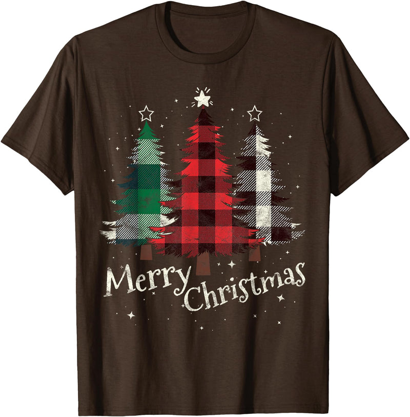 Merry Christmas Apparel Matching Family Clothes Merry Christmas Three Xmas Trees Buffalo Plaid Woman Gift T-Shirt - Brown