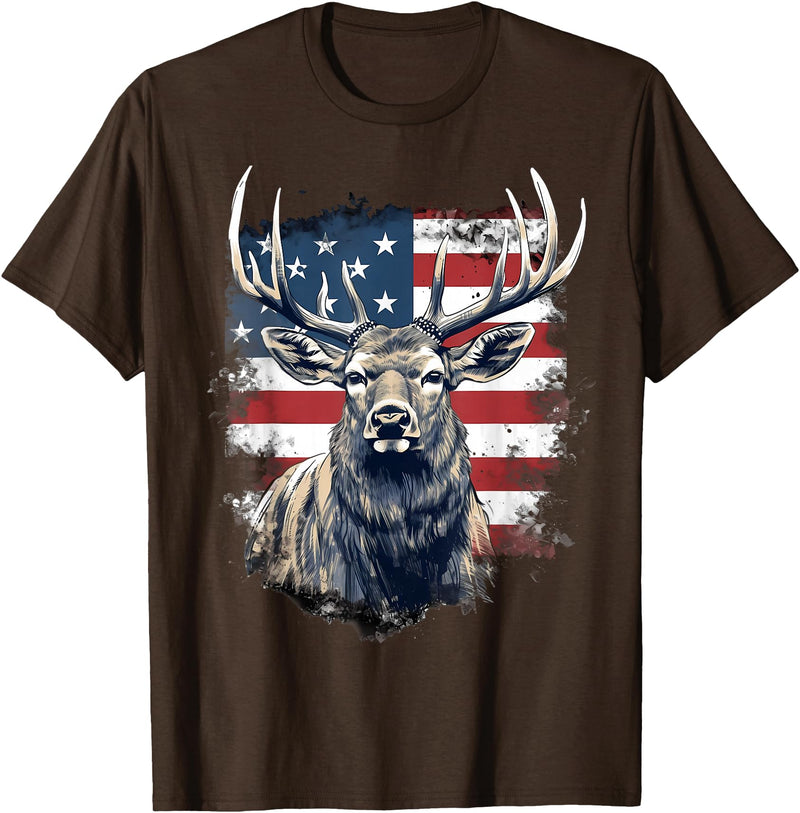 Patriotic Merica Elk Tees 4th Of July US Flag Elk T-Shirt - Brown