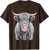 Bovine Bubbles Apparel Shaggy Highland Cow Blowing Bubble Gum Sketch T-Shirt - Brown