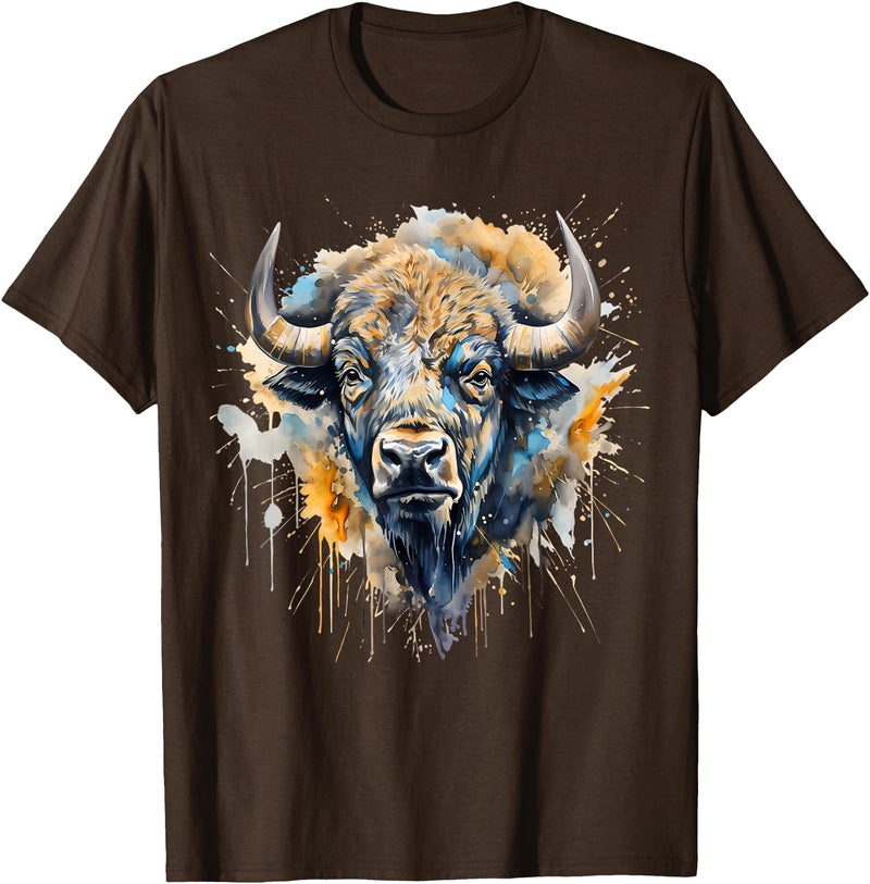 Safari Animal Art Buffalo Portrait Colorful Splash Artwork Wildlife Bison T-Shirt - Brown