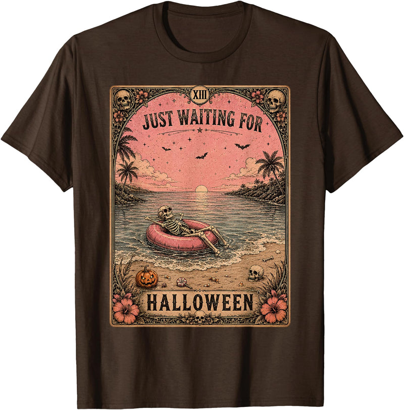 Just Waiting for Halloween Tarot Card art Halloween Tarot Card Spooky Summer Skeleton Just Waiting T-Shirt - Brown