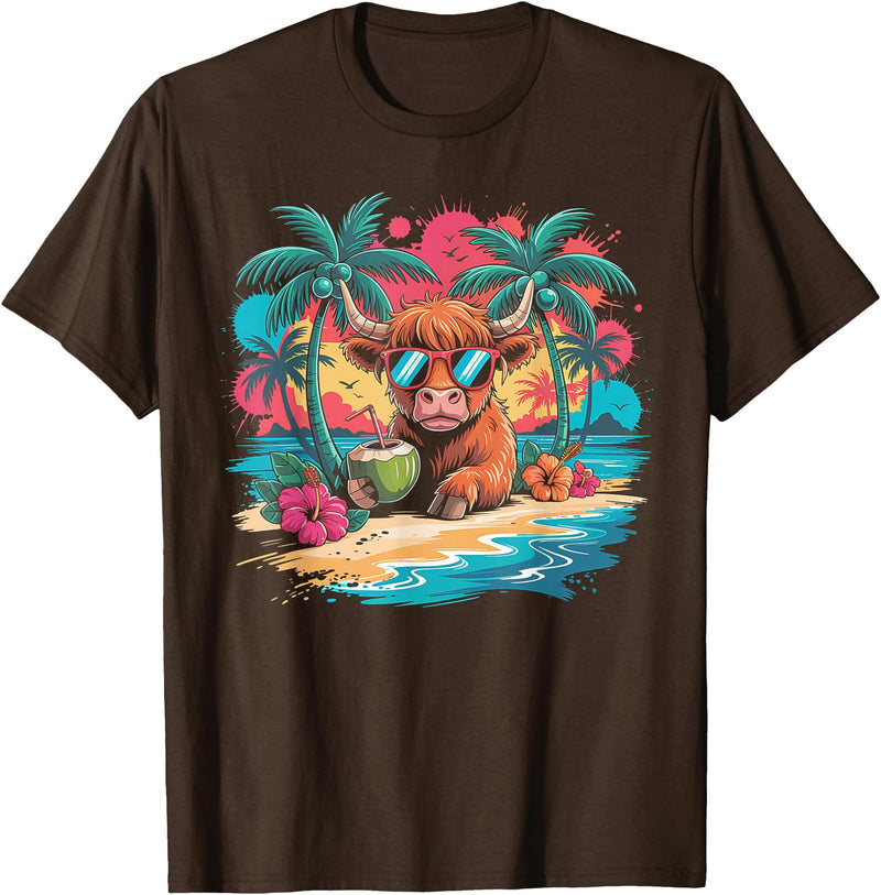 Summer Vibes Highland Cow Funny Beach Vacation Tee Tropical Highland Cow Summer Vibes Funny Beach T-Shirt - Brown
