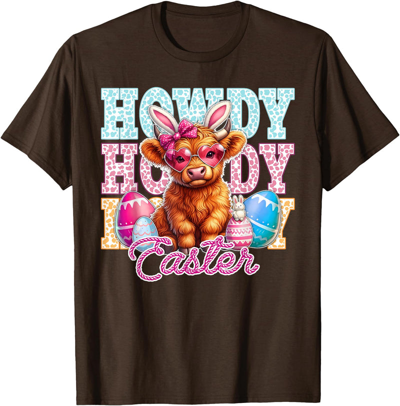Highland Cow Easter Cute Western Farm Apparel Howdy Easter Cute Highland Cow Bunny Ears Western Easter T-Shirt - Brown