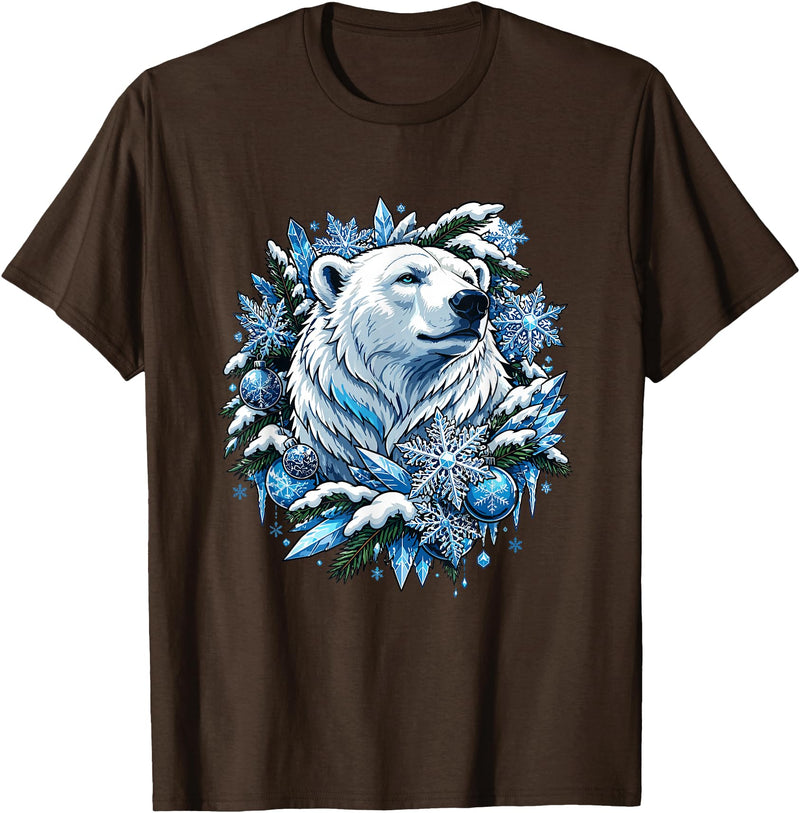 Arctic Polar Bear Winter Snowflakes Christmas Polar Bear Wreath Ice Crystals T-Shirt - Brown