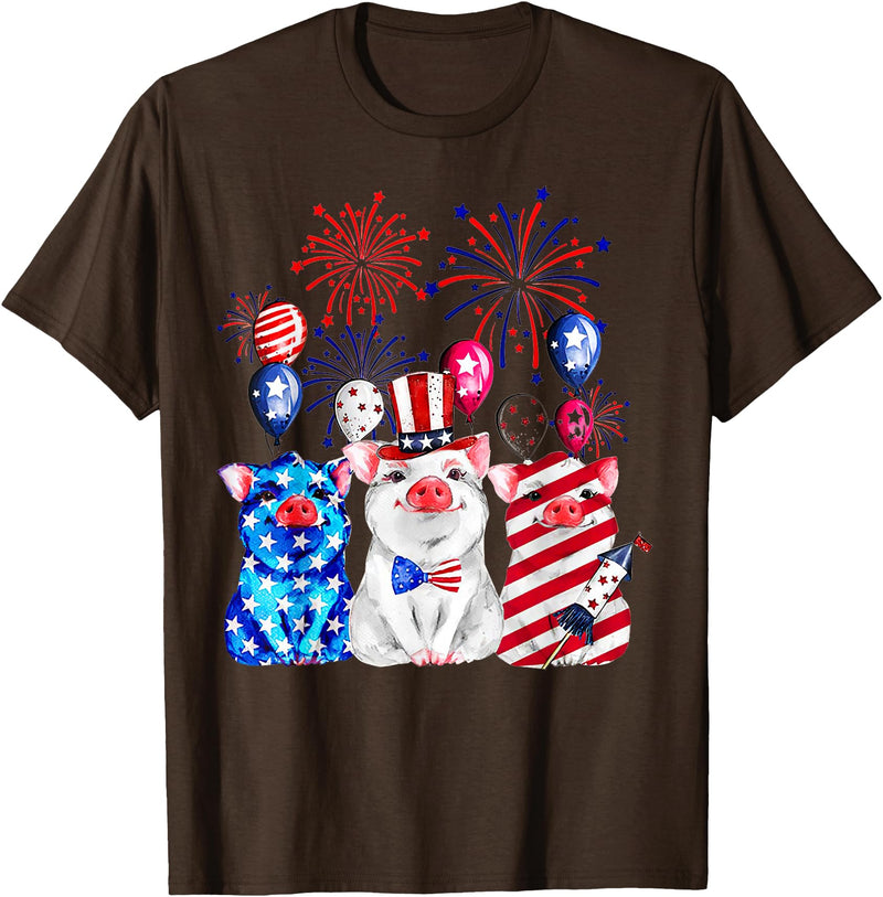 Fireworks American Flag Funny Pig 4th of July Fireworks American Flag Funny Pig Patriotic Farmer 4th July T-Shirt - Brown