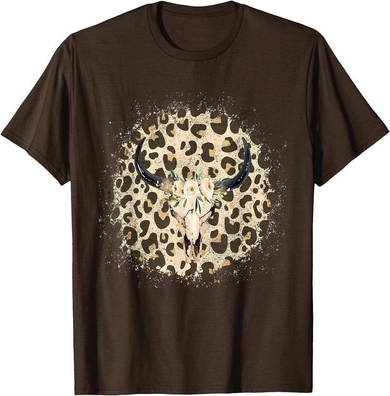 Funny Leopard Cow Skull designs Funny Leopard Cow Skull print Flower Rustic Turquoise T-Shirt - Brown