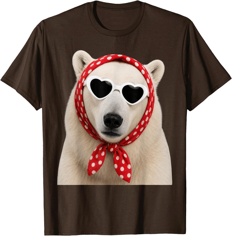 Funny Polar Bear with Sunglasses Cute Polar Bear Lover Heart Sunglasses T-Shirt - Brown