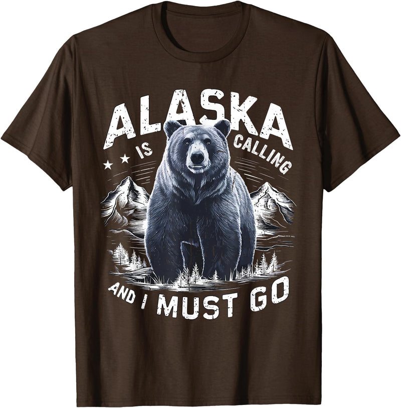 Alaska is Calling and I Must Go, Alaskan Bear and Nature T-Shirt - Brown