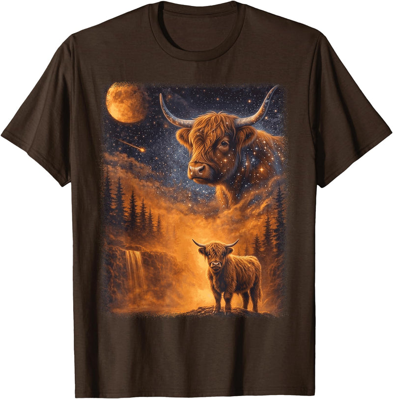 Highland Cow Lover Design For Men Women Kids Highland Cow Howling to The Moon Funny Meme 90s Animal Lover T-Shirt - Brown