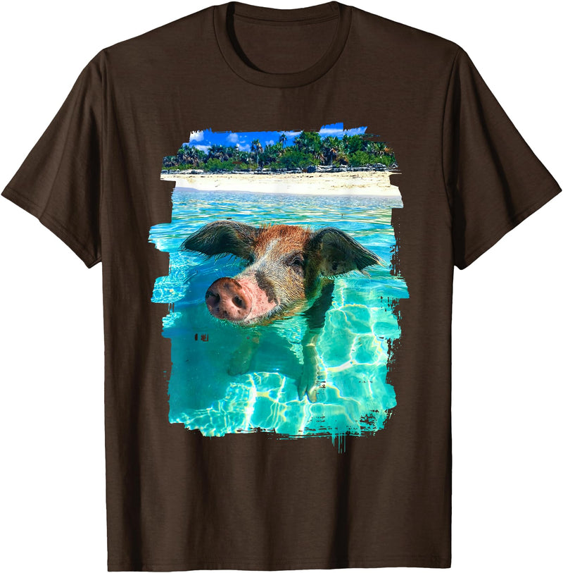 Abab Pig Caribbean Bahamas Beach Summer Vacation The Bahamas Swimming Pig Caribbean Beach Trips Summer Vibes T-Shirt - Brown