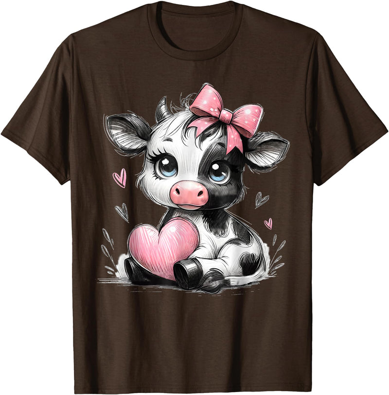 Cow Farmer Coquette Bow Tees Cute Baby Cow with Pink Coquette Bow Holding Heart T-Shirt - Brown