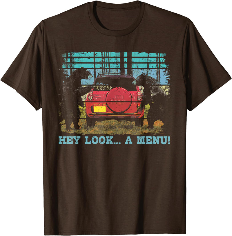 Funny Camping Lovers Gift Tee Hey Look A Menu Funny Bear Camping Retro Vintage Camper Car T-Shirt - Brown