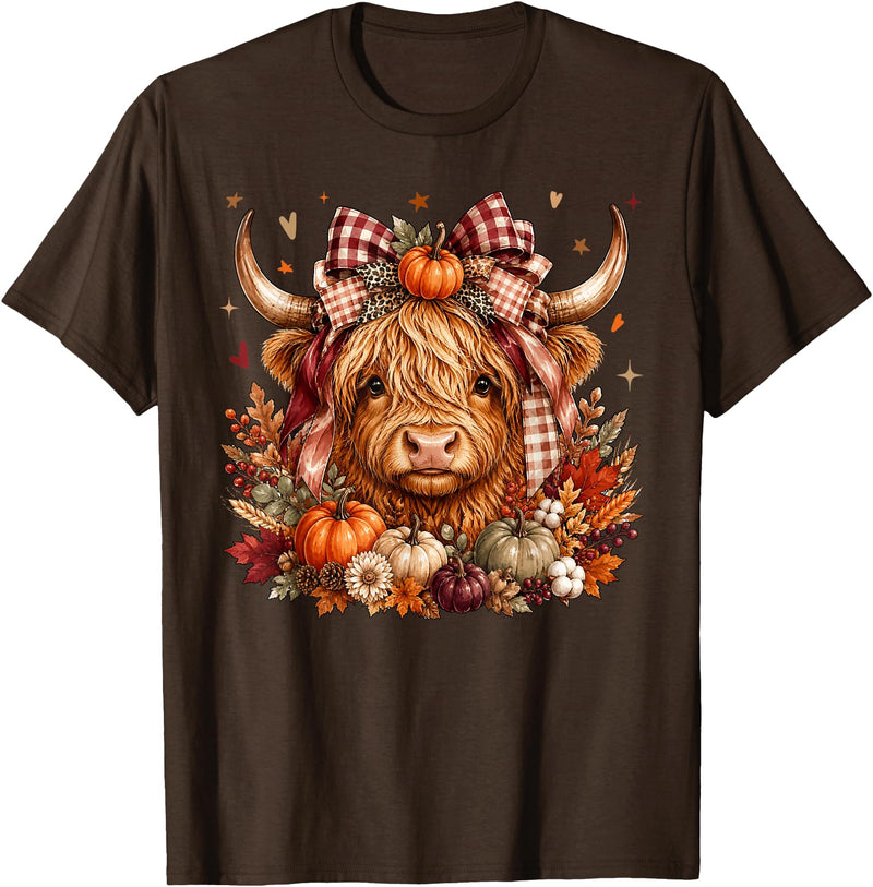 Highland Cow Fall Autumn Gifts Thanksgiving Shirt Highland Cow Pumpkin Coquette Bow Autumn Fall Cute Western T-Shirt - Brown