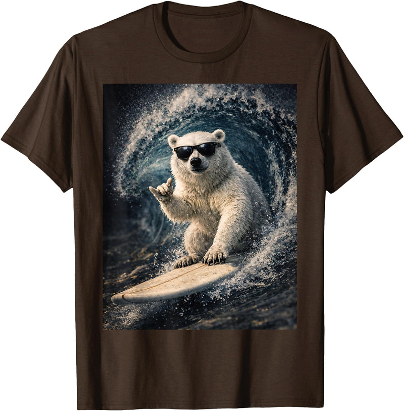 White Bear Surfing Waves Funny Animal Apparel Funny Polar Bear Surfer Catching Waves | Shaka Funny Animal T-Shirt - Brown