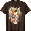 Llama Bloom Studio Cute Llama Floral Crown Watercolor Animal Art T-Shirt - Brown