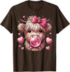 Highland Cow Land of NYC Highland Cow Valentines Blowing Bubble Bubblegum Hearts Bow T-Shirt - Brown