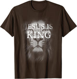 Jesus Is King and Lion of Judah Christian Apparel Christian Jesus is King Lion Design Faded Distressed Vintage T-Shirt - Brown