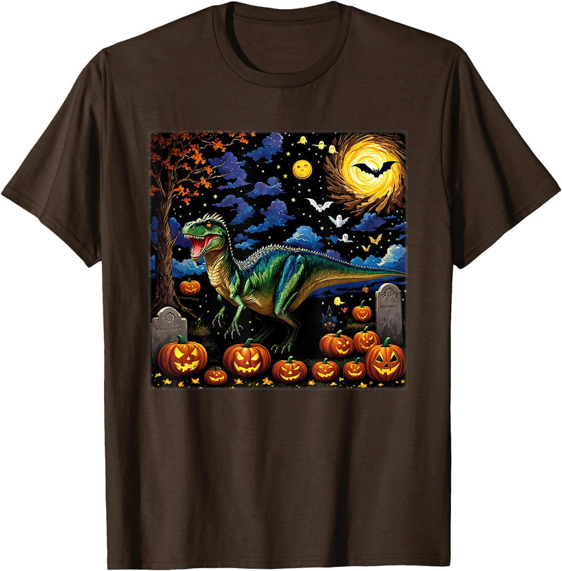 Starry Night Velociraptor Halloween Spooky Halloween Velociraptor Starry Night T-Shirt - Brown