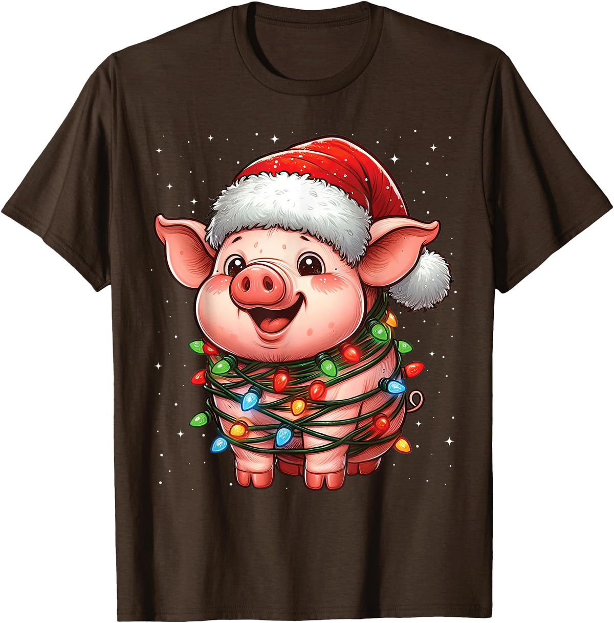 Wrapped with Christmas Lights Pig Christmas Lights Santa Hat Xmas Snow T-Shirt - Brown