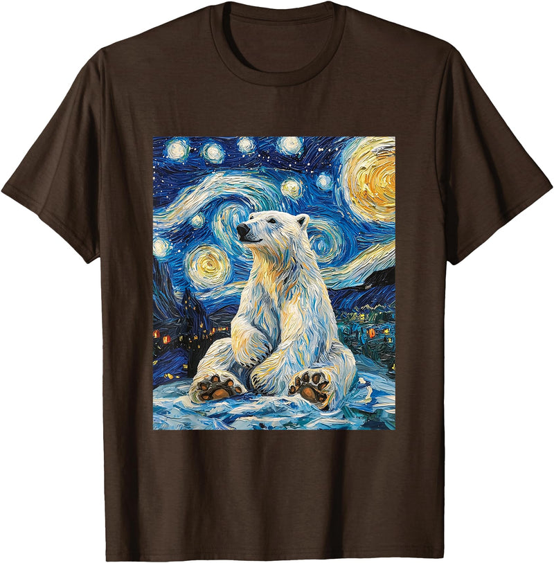 Bear Designs. Cute Polar Bear Van Gogh Style Starry Night Funny Graphic T-Shirt - Brown