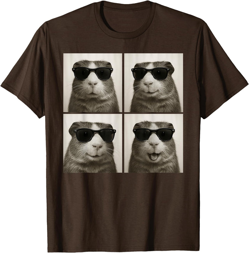 Retro Guinea Pig Portrait with Sunglasses Funny Guinea Pig Lover Cute Guinea Pig Photo Booth T-Shirt - Brown