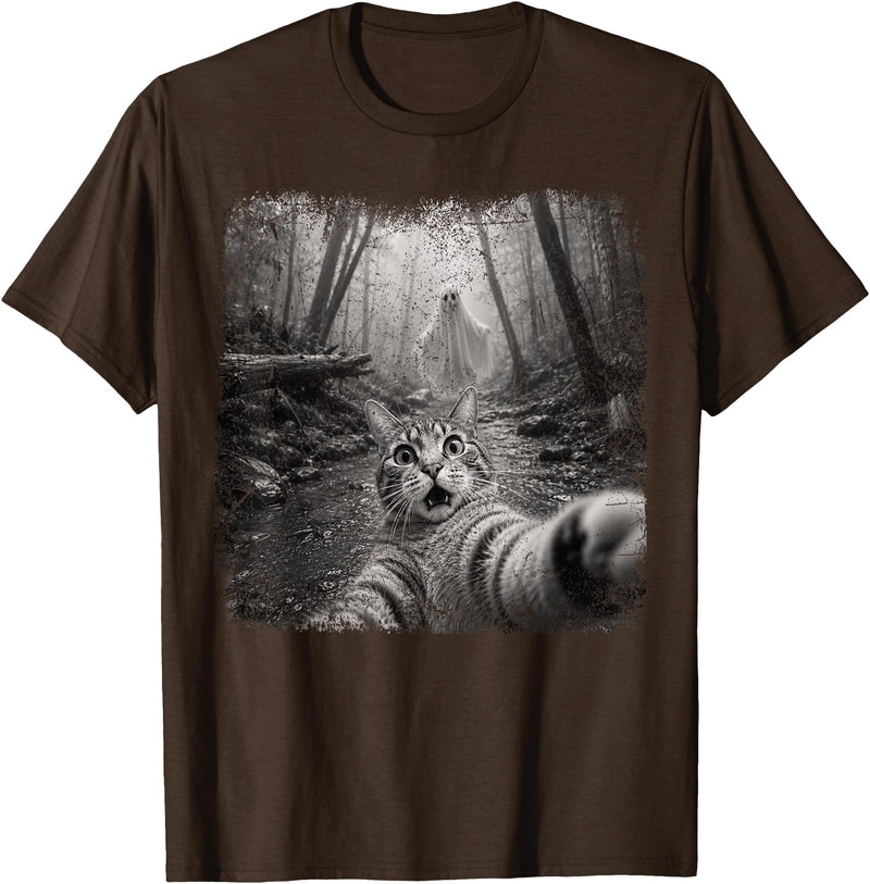 Halloween Ghost Cat Selfie Forest Lat Halloween Ghost Cat Forest Selfie Scared Men Women Kid T-Shirt - Brown