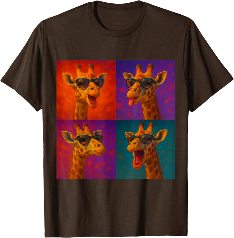 Colorful 4 Photos Animals Giraffe Sunglasses Funny Faces Collage Pop Art T-Shirt - Brown