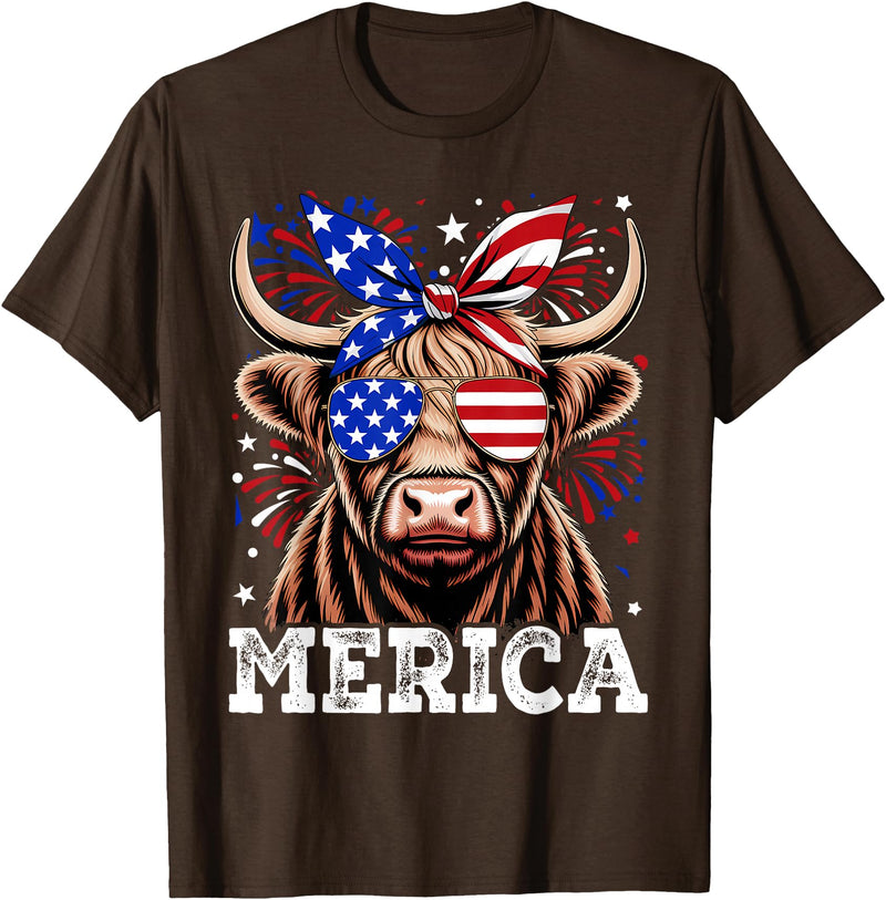 Highland Cow Lover Gift Co. 4th Of July Highland Cow Merica American Farm Men Women T-Shirt - Brown