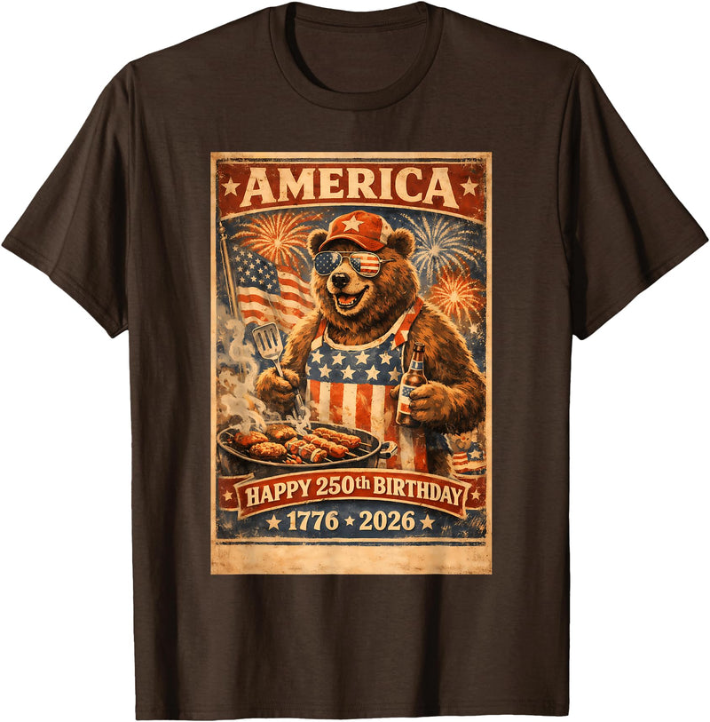 USA Birthday 250th American Spirit Tees All Ages Celebrate 250 Years with Fun Bear BBQ Graphic T-Shirt - Brown
