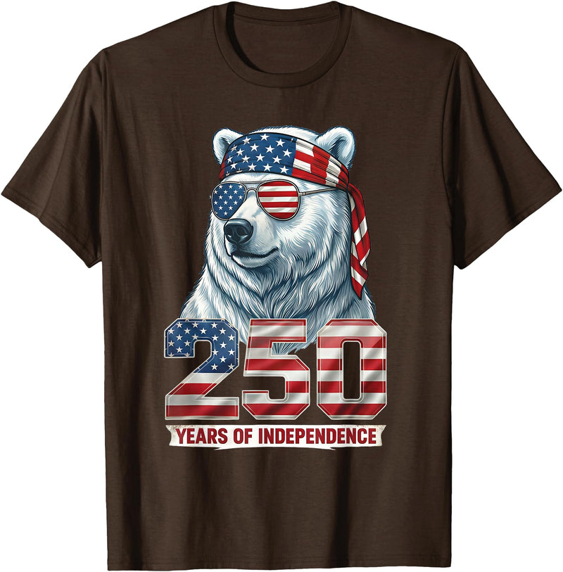 Patriotic Bear Freedom Anniversary Celebration Polar Bear 250 Years of Independence Patriotic America 1776 T-Shirt - Brown