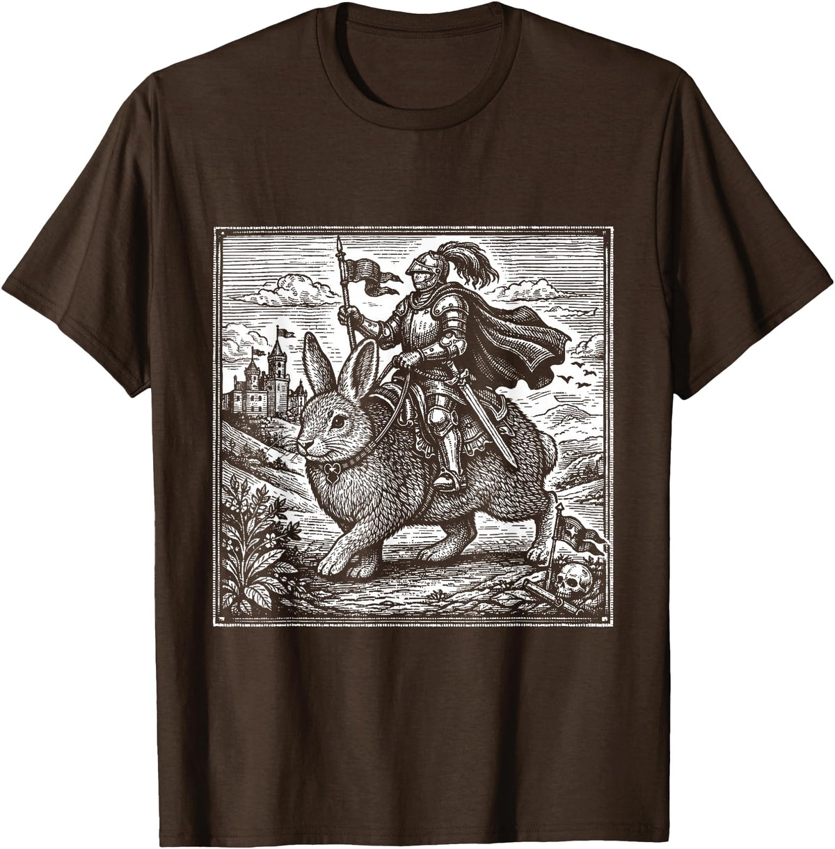 Funny Medieval Knight Rabbit Castle Fantasy Renaissance Fair T-Shirt in Brown
