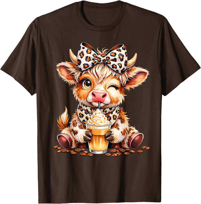 Cute Highland Cow Coffee Addict Leopard Bow Highland Cow Coffee Addict Funny Drink Coffee T-Shirt - Brown