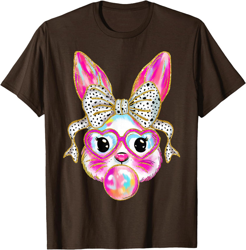 Cute Easter Bunny Bubble Gum Coquette Bow for Girls Women T-Shirt in Brown