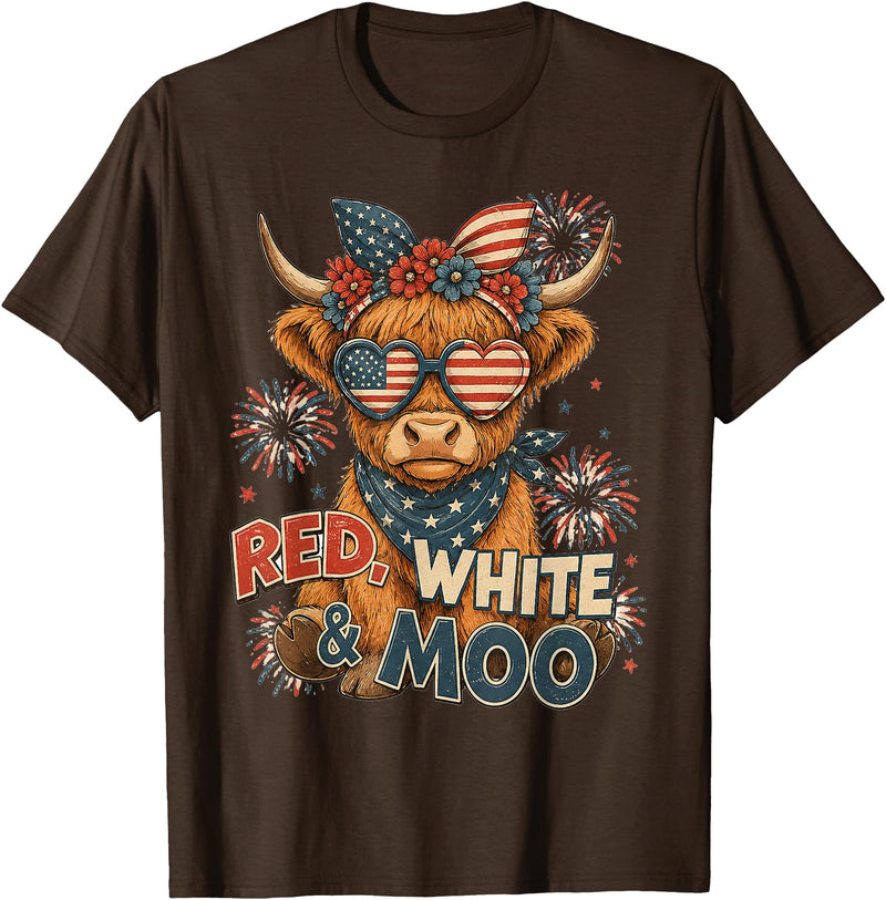 Red White and Moo Highland Cow 4th July 250 Years Patriotic T-Shirt - Brown