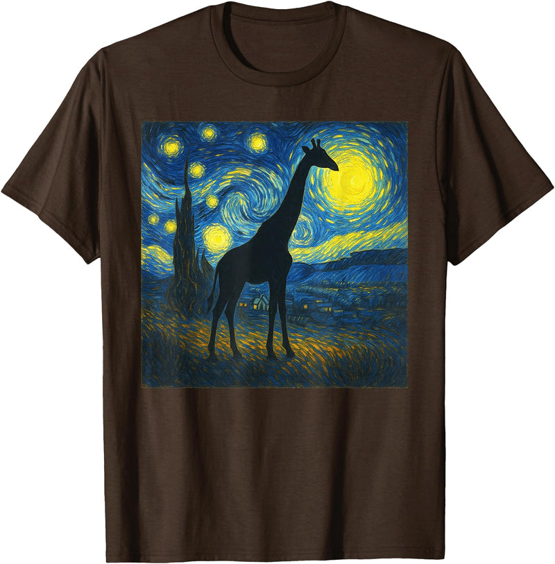 Giraffe Lovers Gifts Women Men youth Kids boys Starry Night Van Gogh Giraffe Animal Funny Graphic T-Shirt - Brown