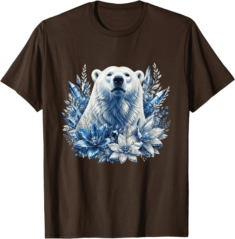 Arctic Polar Bear Winter Floral Nature Ice Blue Snow Polar Bear with Winter Flowers T-Shirt - Brown