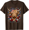 Funny July 4th Highland Cow Farm Lovers Highland Cow Florals 4th of July USA Flag Patriotic Women T-Shirt - Brown